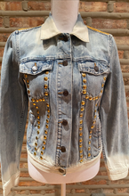 Load image into Gallery viewer, Custom Light Blue Denim Jean Distressed Jacket with Gold/Blue and Gold Studding
