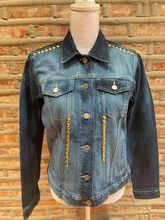 Load image into Gallery viewer, Custom Distressed Denim Jacket with Gold Studding and Green Velvet
