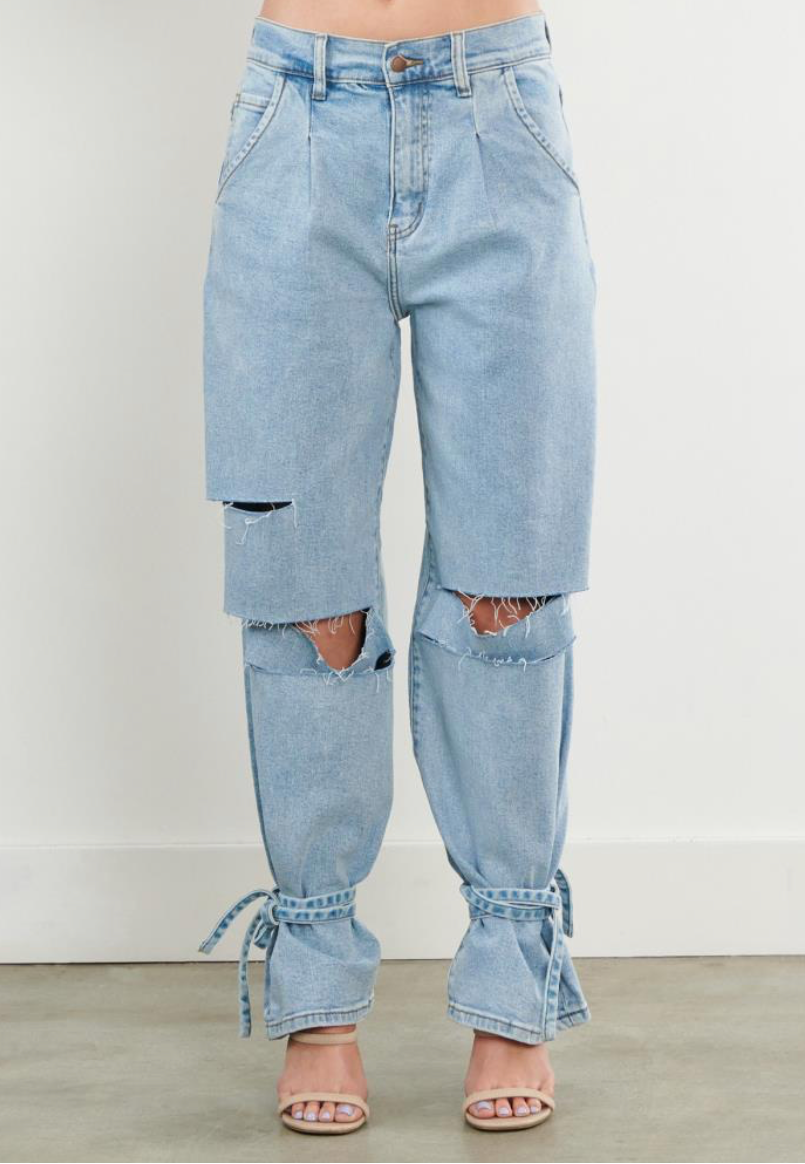 Light Blue Mom Jeans with Ankle Tie