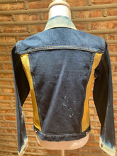 Load image into Gallery viewer, Custom Distressed Denim Jacket with Gold Velvet
