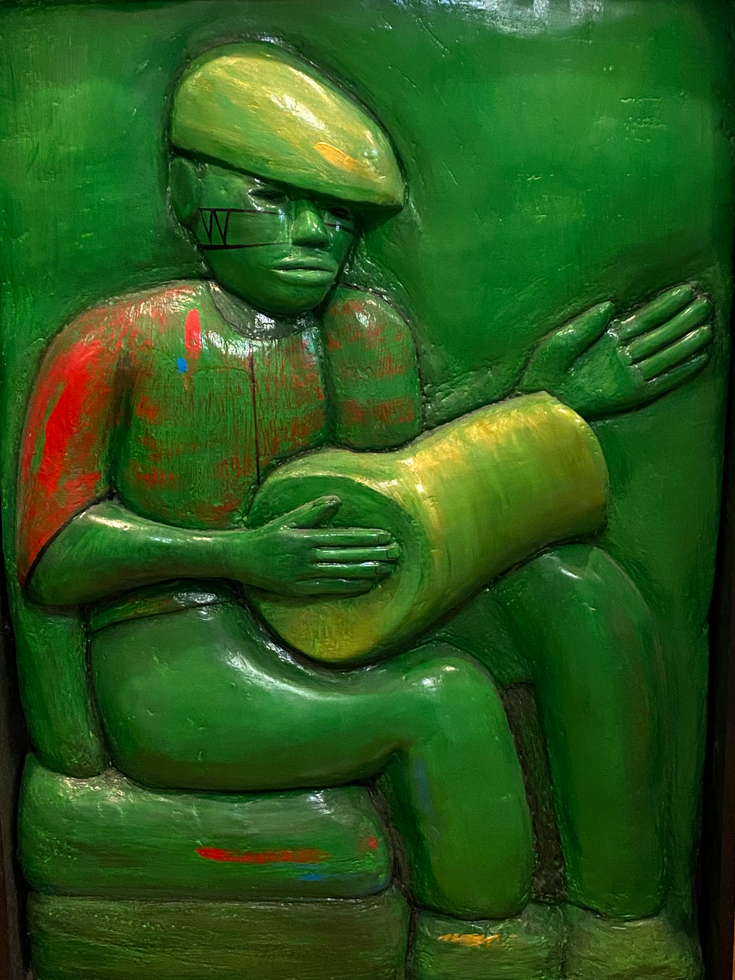 Green Foam Sun Drummer Acrylic Paint Sculpture with Black Frame - Relief