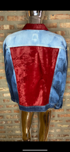 Load image into Gallery viewer, Custom Distressed Denim Jacket with Red Velvet/Silver Studding
