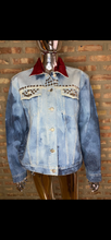 Load image into Gallery viewer, Custom Distressed Denim Jacket with Red Velvet/Silver Studding
