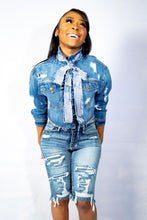 Load image into Gallery viewer, “Best Seller”Oversize Denim Cropped Jacket with Bow
