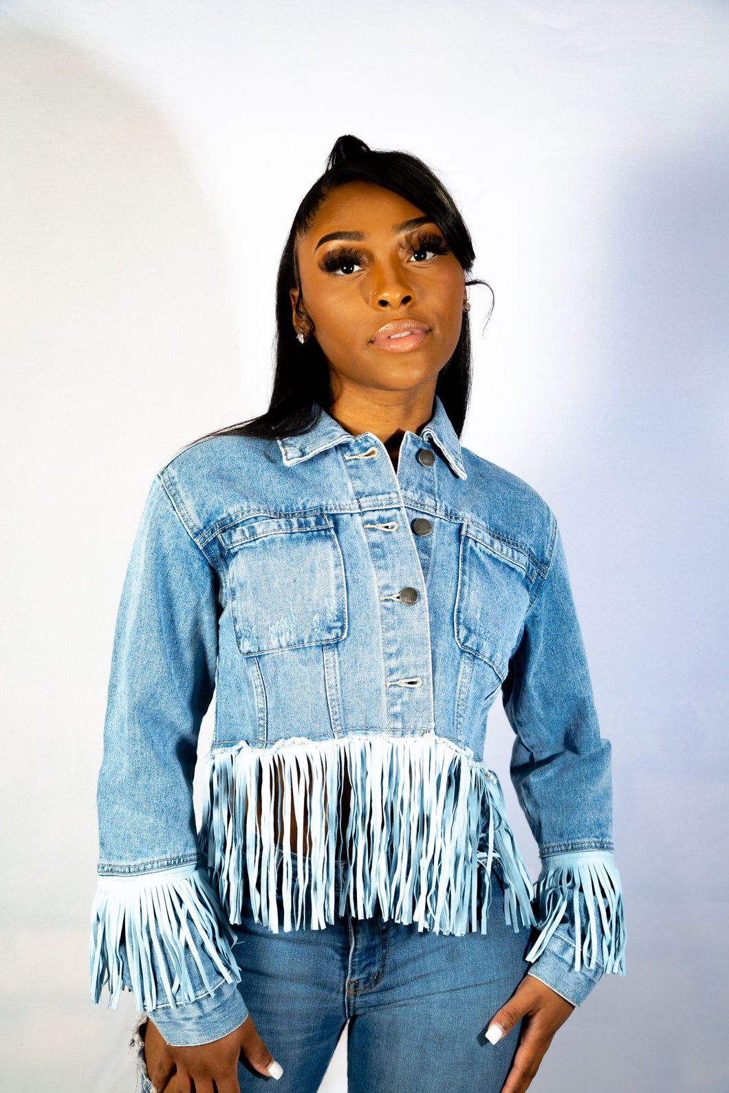 Fringe blue denim jacket with faux leather