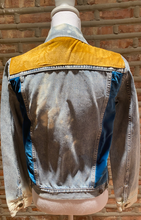 Load image into Gallery viewer, Custom Light Blue Denim Jean Distressed Jacket with Gold/Blue and Gold Studding
