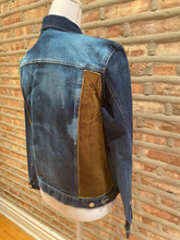 Load image into Gallery viewer, Custom Distressed Denim Jacket with Gold Studding and Green Velvet
