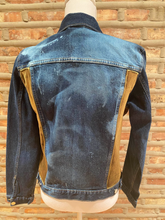 Load image into Gallery viewer, Custom Distressed Denim Jacket with Gold Studding and Green Velvet
