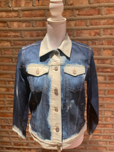 Load image into Gallery viewer, Custom Distressed Denim Jacket with Gold Velvet
