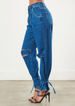 Load image into Gallery viewer, Dark Blue Moms Jeans with Ankle Tie
